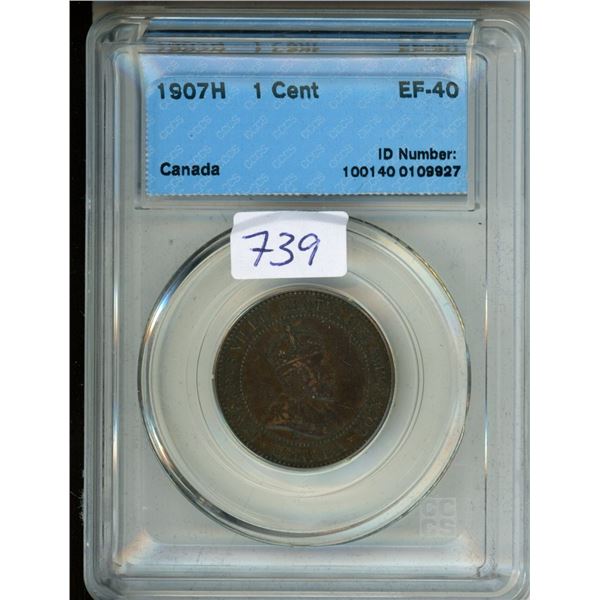 CCCS Graded 1907H Canada 1¢ Coin - EF-40