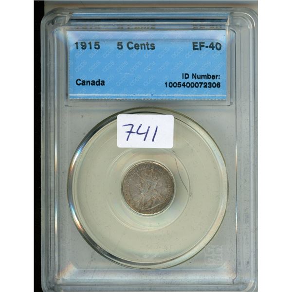 CCCS Graded 1915 Canada 5¢ Coin - EF-40