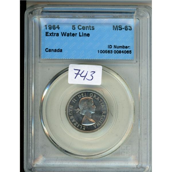 CCCS Graded 1964 Canada 5¢ Coin - Extra Water Line MS-63