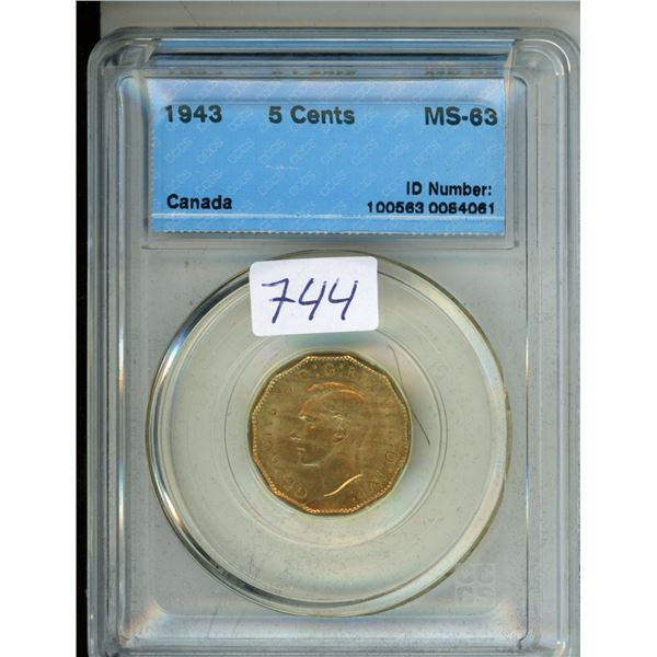 CCCS Graded 1943 Canada 5¢ Coin - MS-63