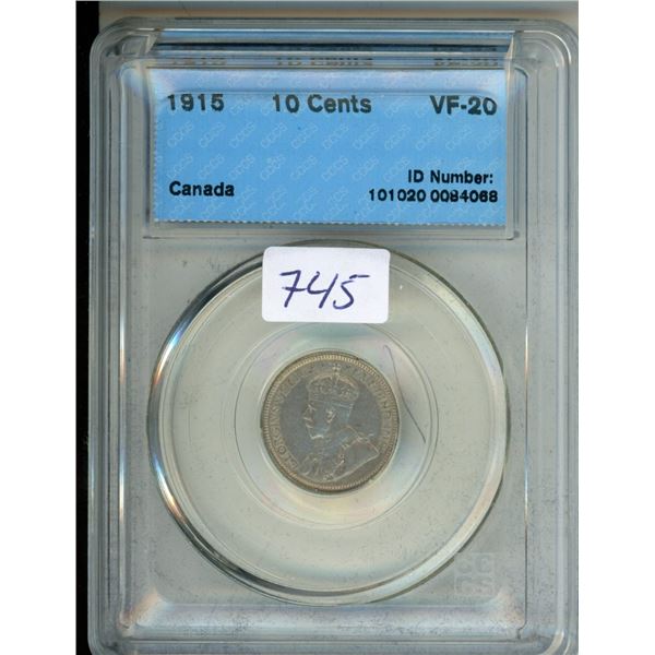 CCCS Graded 1915 Canada 10¢ Coin - VF-20