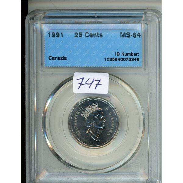 CCCS Graded 1991 Canada 25¢ Coin - MS-64