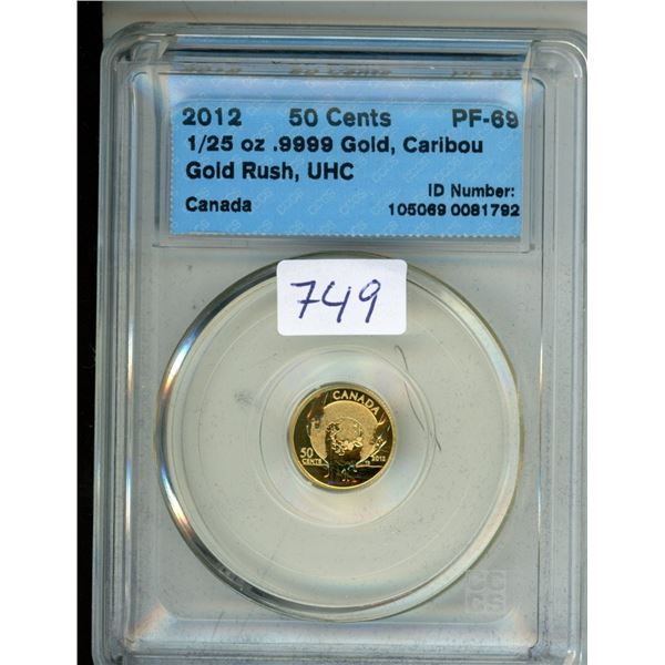 CCCS Graded 2012 Canada 50¢ Coin - 1/25oz .9999 Gold, Caribou Gold Rush, UHC PF-69