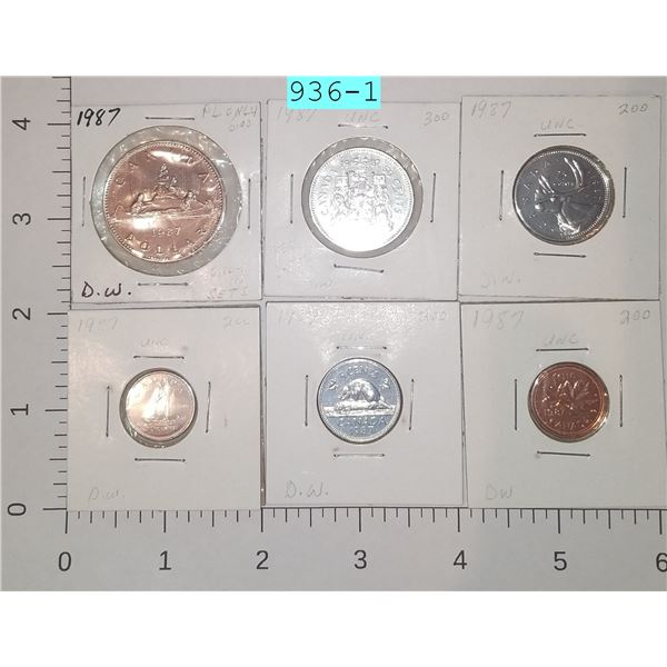 1987 Six Canadian Coins Silver Dollar, Fifty Cent Piece, Quarter, Dime, Nickel, Penny Set