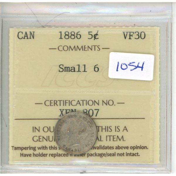 1886 Canadian 5 Cent Coin - Small 6, Certified, VF-30