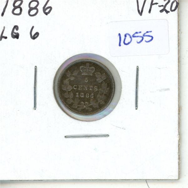 1886 Canadian 5 Cent Coin - Large 6, VF-20