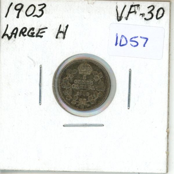 1903 Canadian 5 Cent Coin - Large H, VF-30