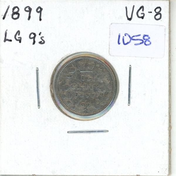 1899 Canadian 10 Cent Coin - Large 9's, VG-8