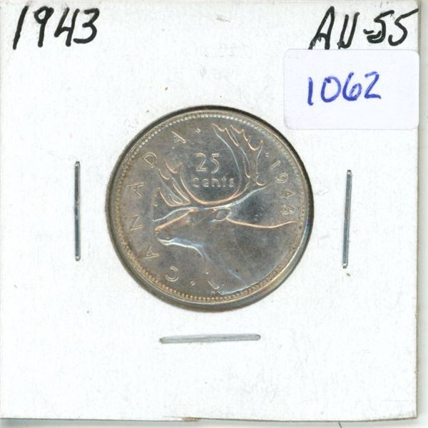 1943 Canadian 25 Cent Coin - AU-55