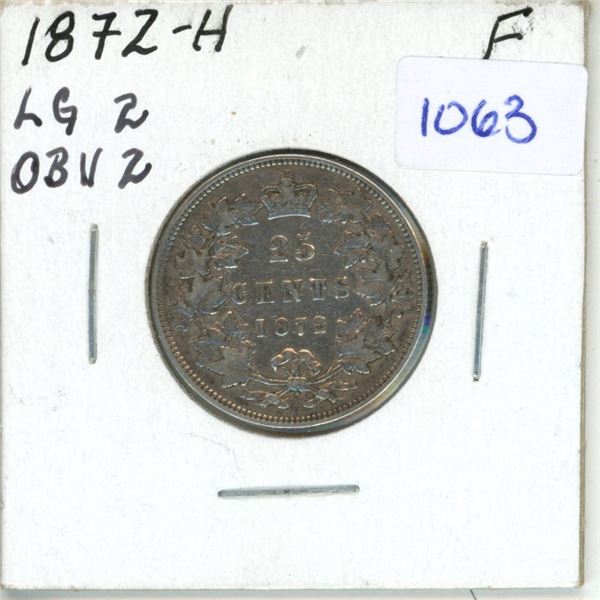 1872H Canadian 25 Cent Coin - Large 2, OBV 2, F