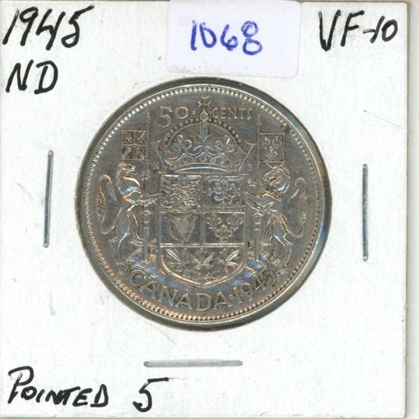 1945 Canadian 50 Cent Coin - ND, Pointed 5, VF-10