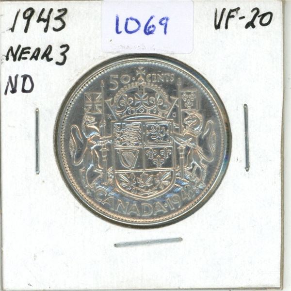 1943 Canadian 50 Cent Coin - Near 3, ND, VF-20