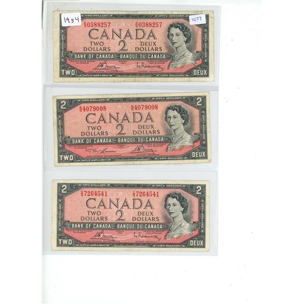 3x 1954 Canadian 2 Dollar Bills