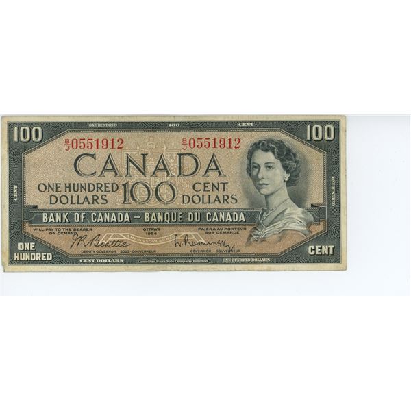 1954 Canadian 100 dollar bill - Beattie/Rasminsky - B/J 0551912