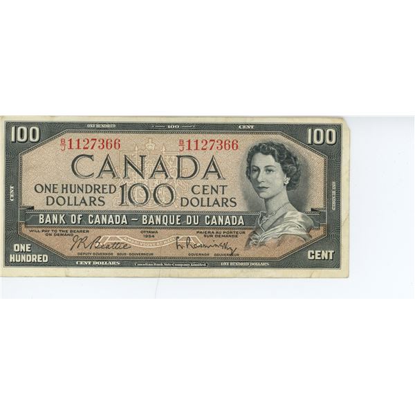 1954 Canadian 100 dollar bill - Beattie/Rasminsky - B/J 1127366