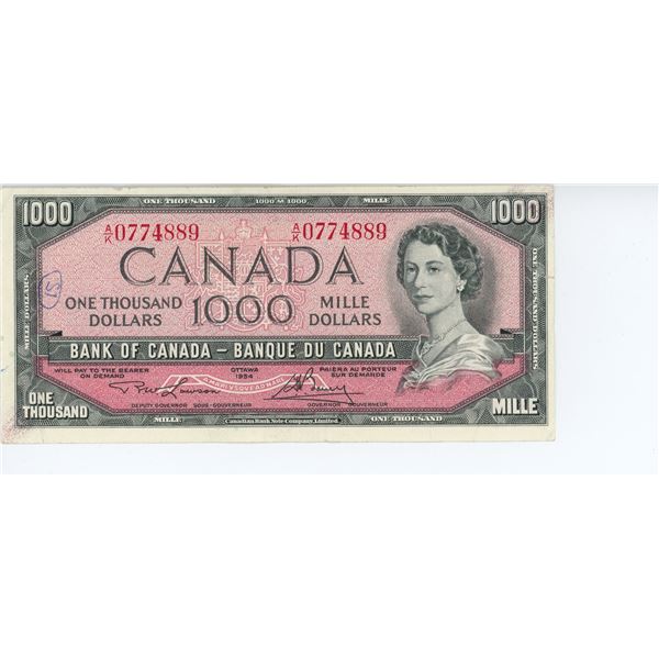 1954 Canadian 1000 dollar bill - Lawson/Bouey - A/K 0774889