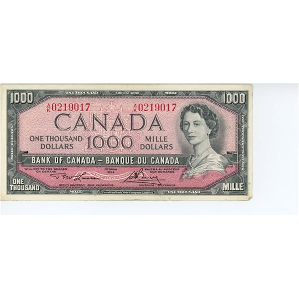 1954 Canadian 1000 dollar bill - Lawson/Bouey - A/K 0219017