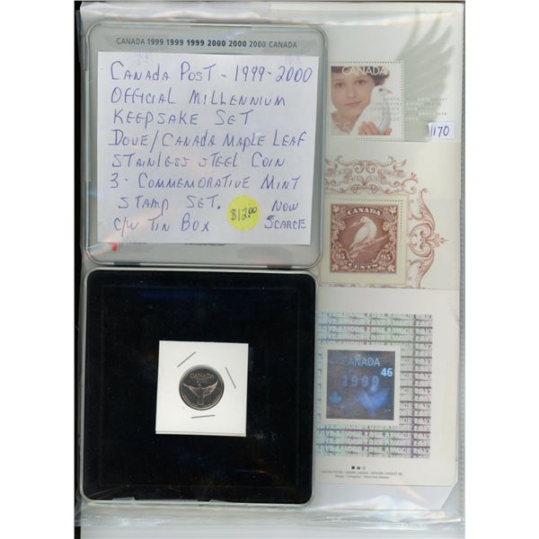 1999-2000 Canada Post official Millennium keepsake set - 25cent coin, and assorted stamps