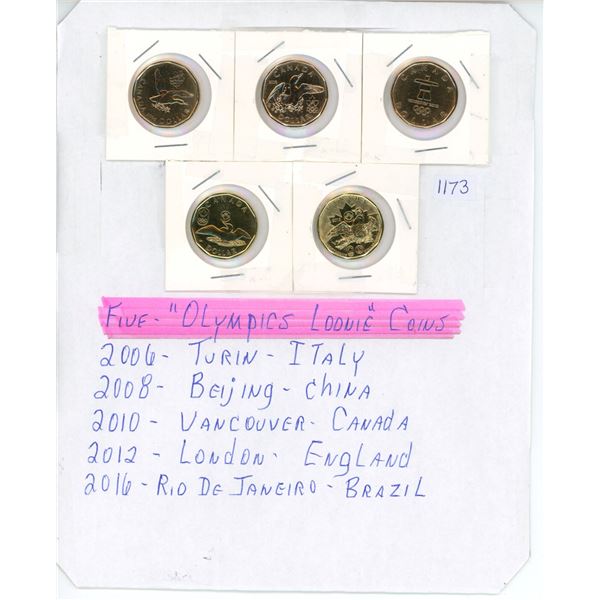 5 "Olympic" Canadian 1 dollar coins - 2006, 2008, 2010, 2012 and 2016
