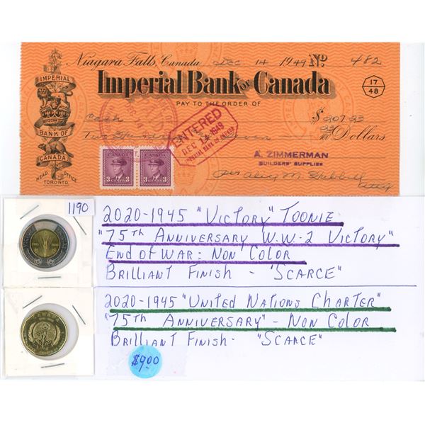 1949 Imperial bank of Canada cashed cheque, 2020 1 dollar coin 7 2020 Victory 2 dollar coin