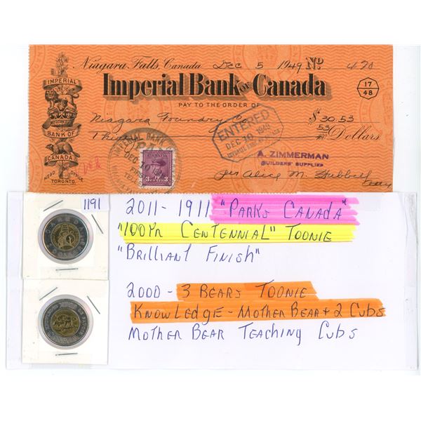 1949 Imperial bank of Canada cashed cheque & 2000, 2011 Canadian 2 dollar coins