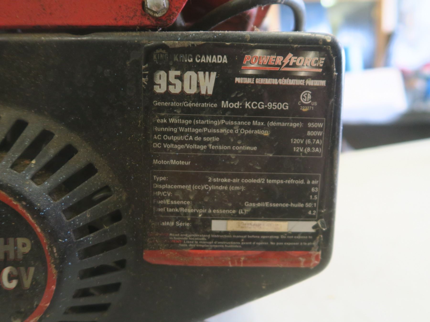 King Canada 950W 1.5HP generator Schmalz Auctions