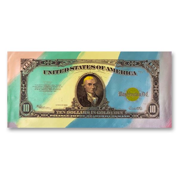 Steve Kaufman (1960-2010) "10 Dollar Bill (Gold)" Original Mixed Media on Canvas