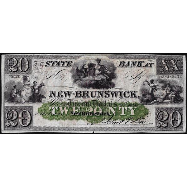 1800's $20 State Bank at New Brunswick, New Jersey Obsolete Bank Note
