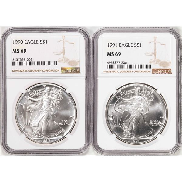 Lot of 1990-1991 $1 American Silver Eagle Coins NGC MS69