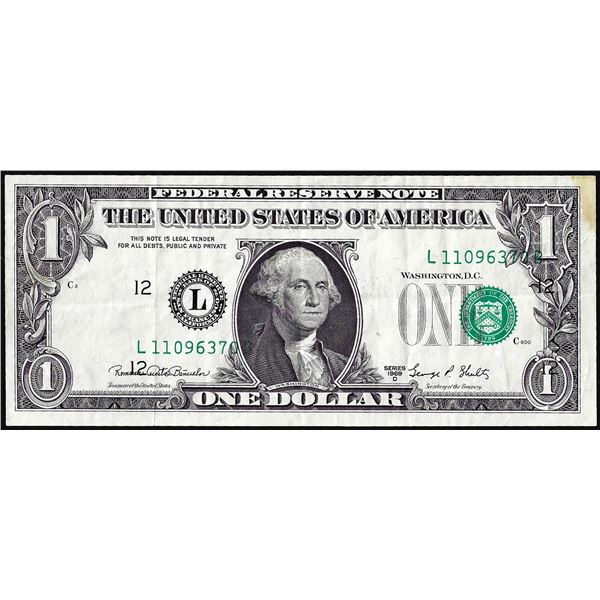 1969D $1 Federal Reserve Note San Francisco Print Shift Error