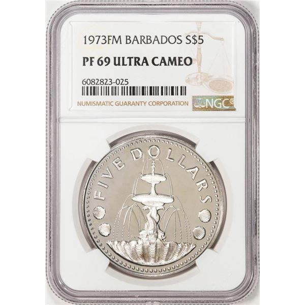 1973FM Barbados $5 Proof Silver Coin NGC PF69 Ultra Cameo