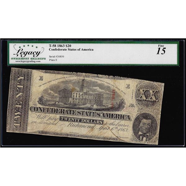 1863 $20 Confederate States of America Note T-58 Legacy Fine 15