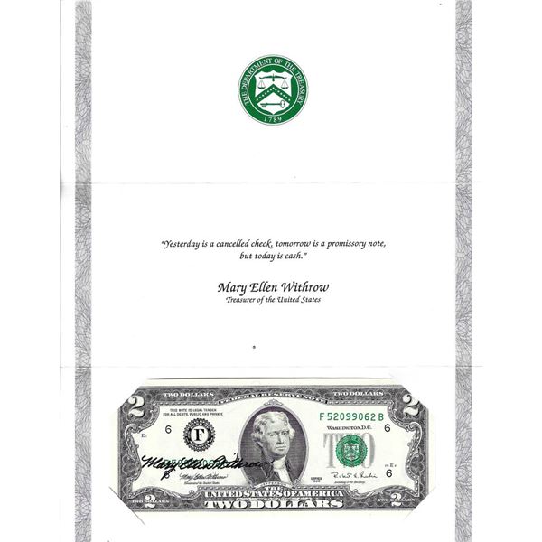 1995 $2 Federal Reserve Note Atlanta Courtesy Autograph Mary Ellen Withrow