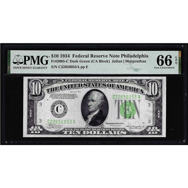 1934 $10 Federal Reserve Note Philadelphia Fr.2005-C PMG Gem Uncirculated 66EPQ