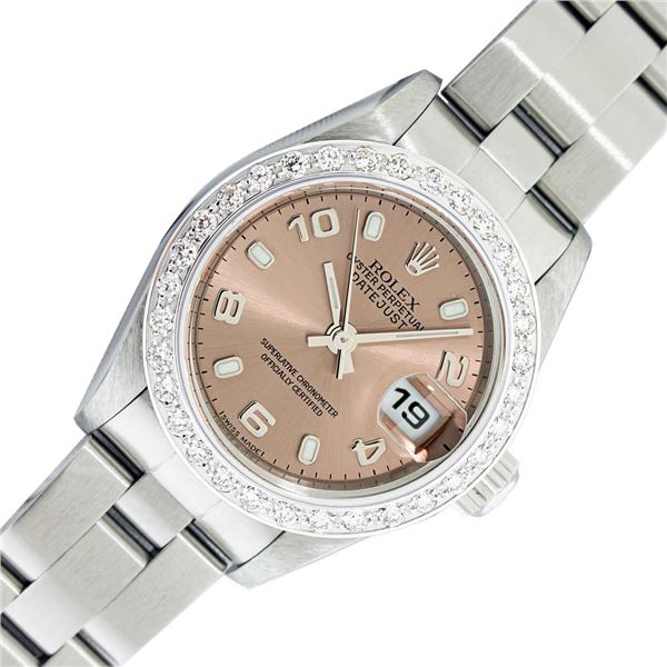 Rolex Ladies Stainless Steel Salmon Arabic Diamond Datejust Wristwatch