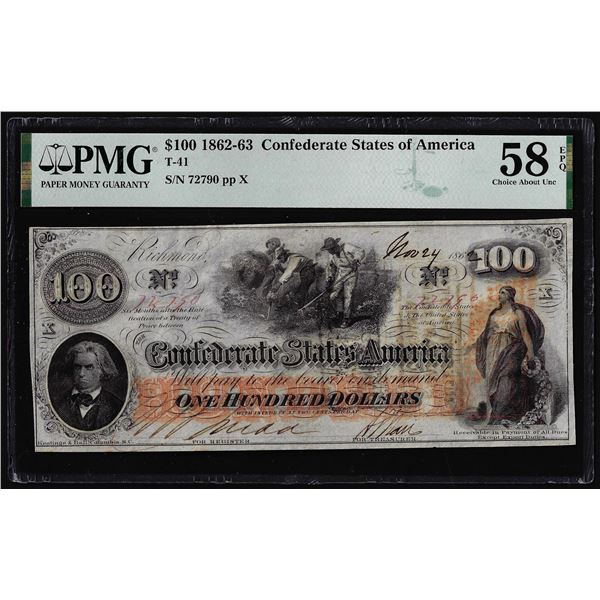1862-63 $100 Confederate States of America Note T-41 PMG Choice About Unc 58EPQ
