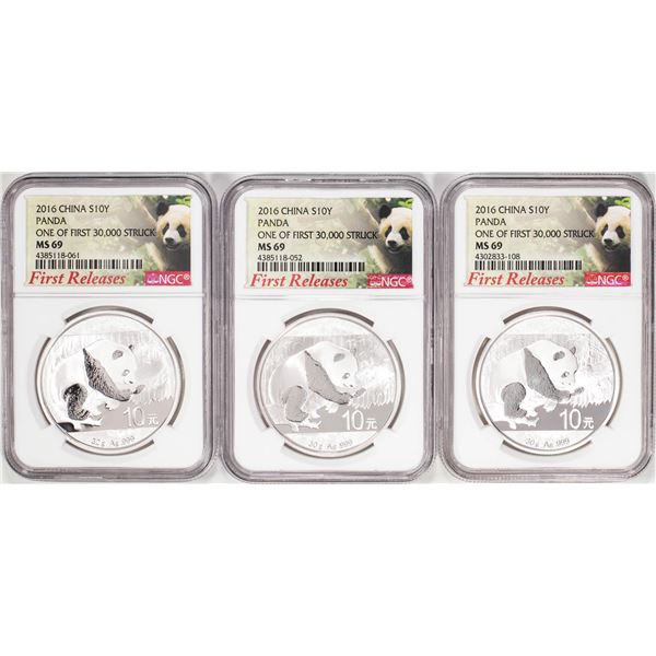 Lot of (3) 2016 China 10 Yuan Silver Panda Coins NGC MS69 One of First 30,000 Struck