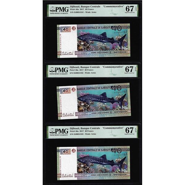 (3) Consecutive 2017 Djibouti 40 Francs Bank Notes PMG Superb Gem Uncirculated 67EPQ