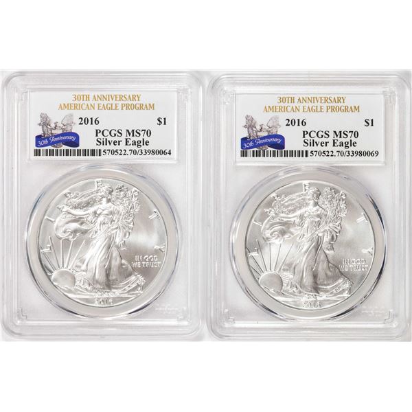 Lot of (2) 2016 $1 American Silver Eagle Coins PCGS MS70