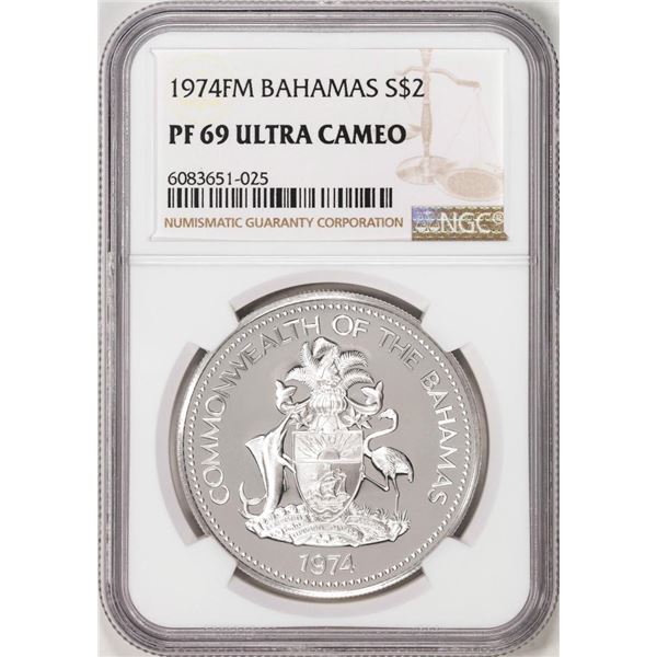 1974FM $2 Bahamas Proof Shield Flamingo Silver Coin NGC PF69 Ultra Cameo