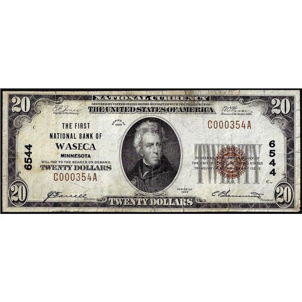 1929 $20 The First National Bank of Waseca, Minnesota CH# 6544 National Currency Note