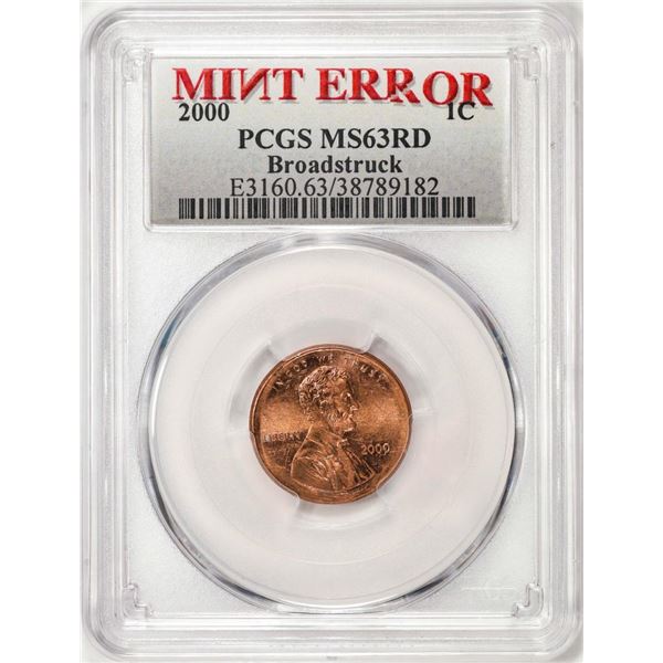 2000 Lincoln Memorial Cent Coin Mint Error Broadstruck PCGS MS63RD