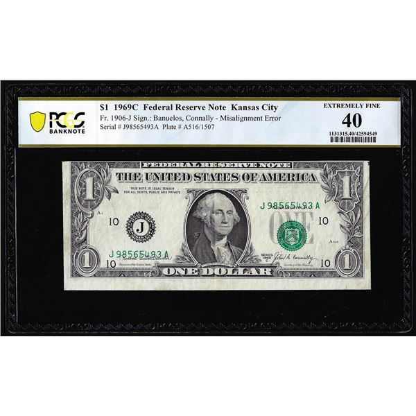1969C $1 Federal Reserve Note Kansas City Misalignment Error PCGS Extremely Fine 40