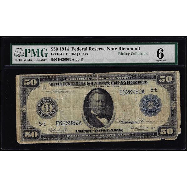 1914 $50 Federal Reserve Note Richmond Fr.1041 PMG Very Good 6
