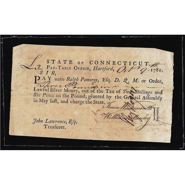 October 9, 1781 Two Shillings & Six Pence Connecticut Colonial Currency Note