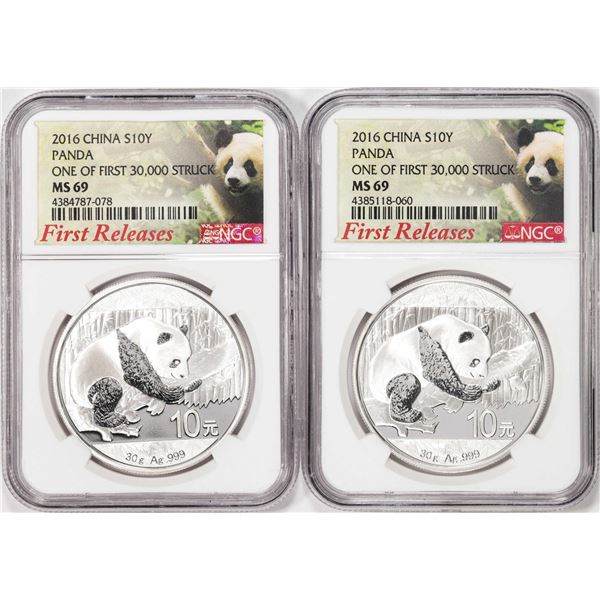 Lot of (2) 2016 China 10 Yuan Silver Panda Coins NGC MS69 One of First 30,000 Struck