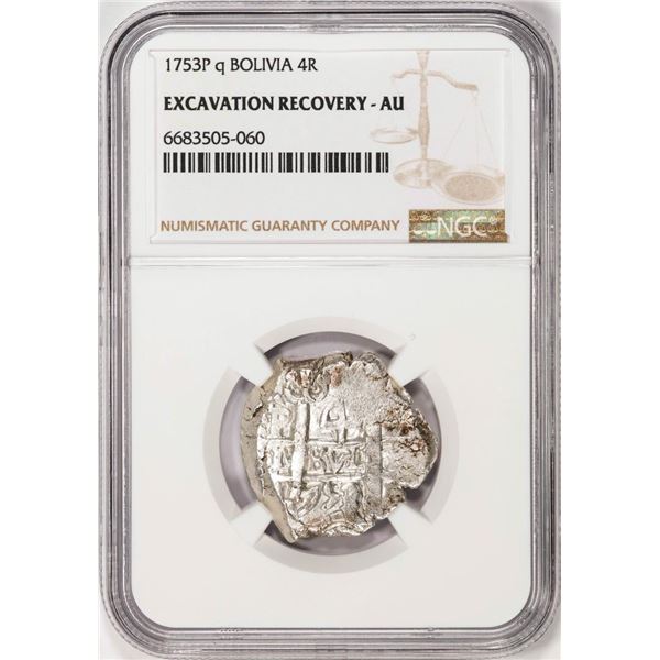Shipwreck 1753P q Bolivia 4 Reales Silver Coin NGC AU Excavation Recovery