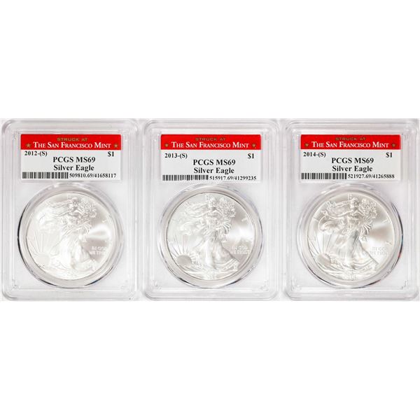 2012-(S) - 2014-(S) $1 American Silver Eagle Coins PCGS MS69