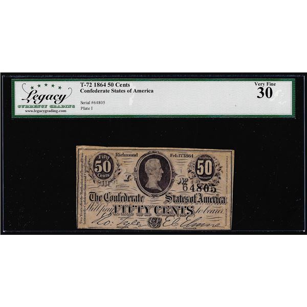 1864 Fifty Cents Confederate States of America Note T-72 Legacy Very Fine 30