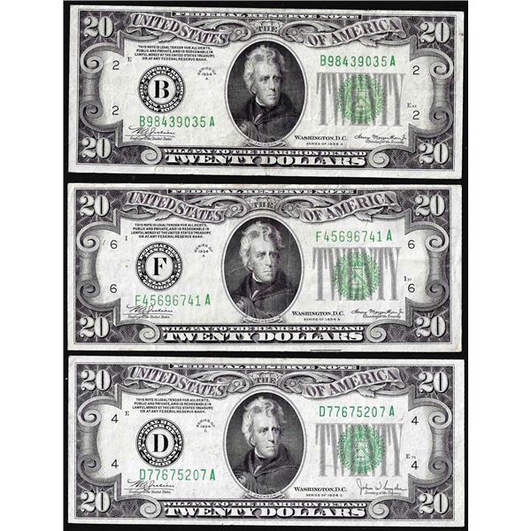 Lot of (3) 1934 $20 Federal Reserve Notes
